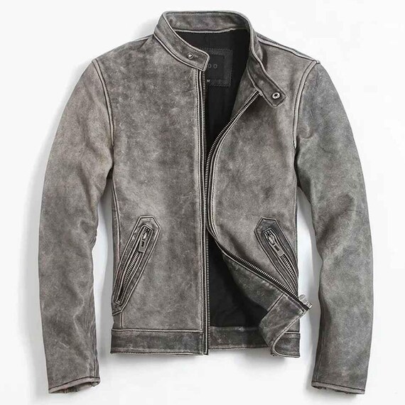 Vintage Grey Genuine Leather Biker Jacket for Men | Handmade Cafe Racer Motorcycle Jacket | Premium Distressed Leather Gift for Him