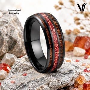 Red Fire Opal Koa Wood Tungsten Ring, 8mm Three Channel Dome Wedding Band, Black or Silver Plated Ring, Personalized Engraved Band