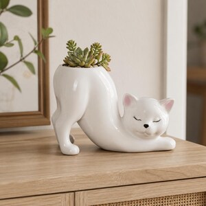 Stretching Cat Ceramic Planter, Porcelain Kitty Succulent Pot, Desk Decor