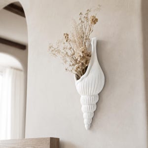 Può includere: Un vaso in ceramica bianca da parete a forma di conchiglia a spirale. Il vaso presenta un esterno scanalato e testurizzato e contiene un bouquet di fiori ed erbe essiccate color beige che si estendono verso l'alto dall'apertura superiore.