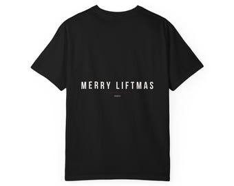 Merry Liftmas T-shirt | Rolig julgymnastiktröja för kvinnor | Svart skjorta med tryck baktill