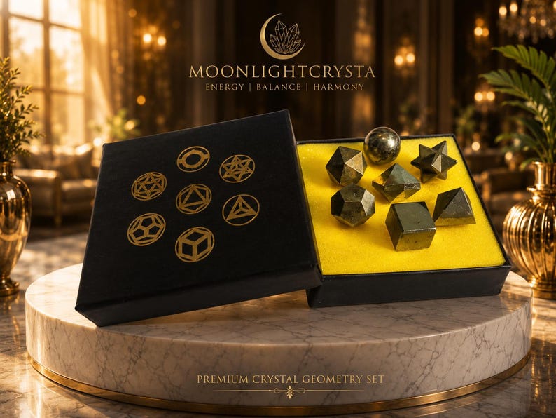 Op de afbeelding: Een zwarte doos met gouden geometrische symbolen en de tekst MOONLIGHTCRYSTA ENERGY | BALANCE | HARMONY met metalen veelvlakken en een bol op een felgeel schuimrubberen inzetstuk, gelabeld PREMIUM CRYSTAL GEOMETRY SET.