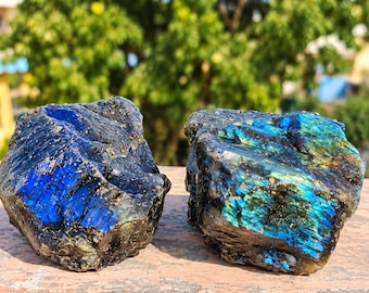 Natural Labradorite Rough Crystal Pair | Iridescent Blue Flash Gemstone Specimen