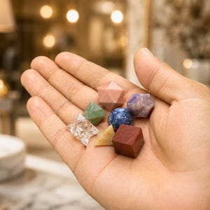 Op de afbeelding: Een verzameling van zeven kleine, verschillend gevormde edelstenen in diverse kleuren, waaronder een heldere kwartsster, een groene aventurijn piramide, een roze icosa&euml;der, een blauwe lapis lazuli bol, een paars kristal, een gele piramide en een rode kubus.