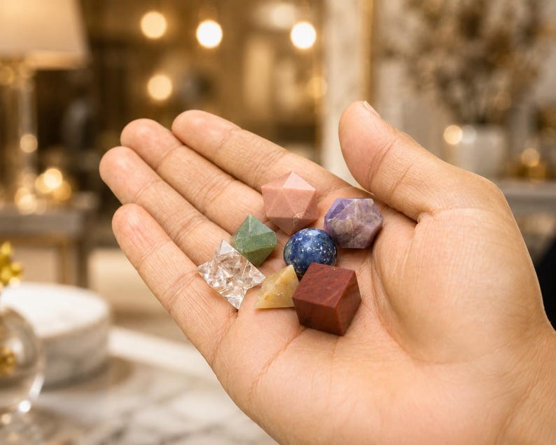Op de afbeelding: Een verzameling van zeven kleine, verschillend gevormde edelstenen in diverse kleuren, waaronder een heldere kwartsster, een groene aventurijn piramide, een roze icosa&euml;der, een blauwe lapis lazuli bol, een paars kristal, een gele piramide en een rode kubus.