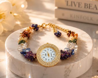 7 Chakra Gemstone Bracelet Watch – Handmade Natural Crystal Chip Quartz Wristband