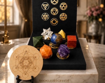Seven Chakra Sacred Geometry Crystal Set, Metatron Cube Grid Board, Platonic Solids Altar Decor