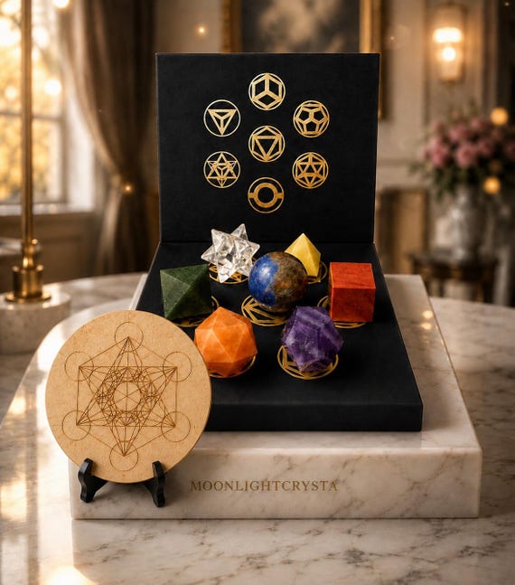 Seven Chakra Sacred Geometry Crystal Set, Metatron Cube Grid Board, Platonic Solids Altar Decor