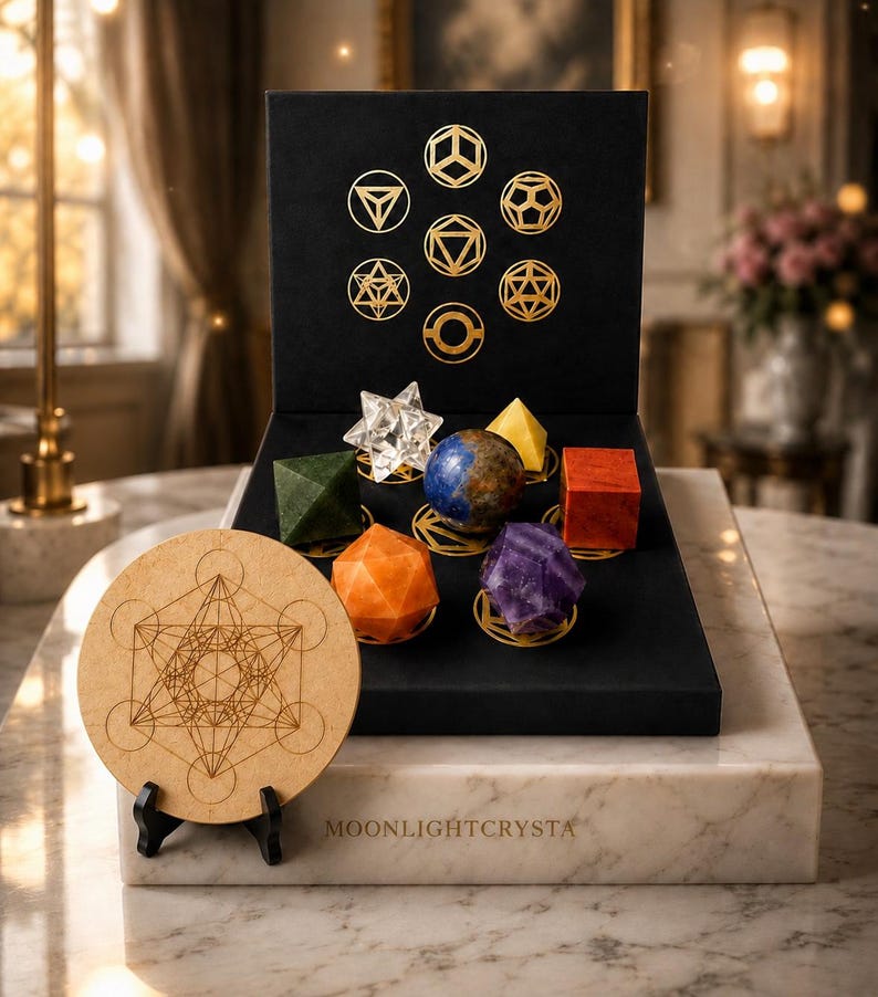 Kristallenset met zeven chakra's en heilige geometrie, rasterbord met Metatronkubus, altaardecoratie met platonische lichamen afbeelding 1
