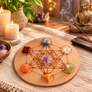 Op de afbeelding: Een rond houten bord met een lasergegraveerd geometrisch patroon van de kubus van Metatron. Zes verschillende kristallen zijn op het bord geplaatst: een blauwe lapis lazuli, een helder stervormig kristal, een groene piramide, een gele piramide, een oranje piramide, een rode kubus en een paarse amethist in het midden.