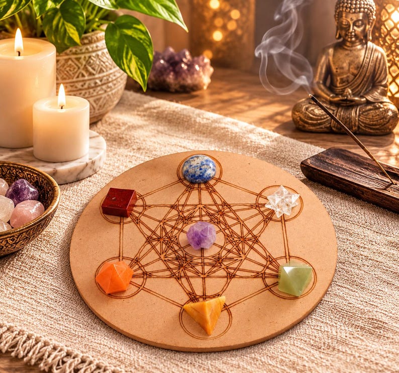Op de afbeelding: Een rond houten bord met een lasergegraveerd geometrisch patroon van de kubus van Metatron. Zes verschillende kristallen zijn op het bord geplaatst: een blauwe lapis lazuli, een helder stervormig kristal, een groene piramide, een gele piramide, een oranje piramide, een rode kubus en een paarse amethist in het midden.