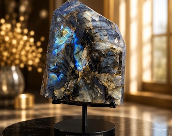 Polished Labradorite Freeform Display Stone with Metal Stand| Flash Crystal | Luxury Home Decor