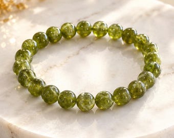 Natural Green Peridot Beaded Bracelet, Polished Gemstone Stretch Jewelry