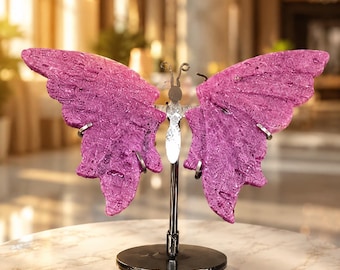 Pink Ruby Butterfly Crystal Display, Textured Gemstone Sculpture, Metal Stand (Luxury Home Decor)