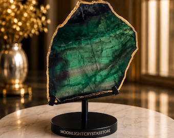 Green Purple Fluorite Slab with Gold Electroplating | Crystal Display Specimen (5" x 12.7 cm)