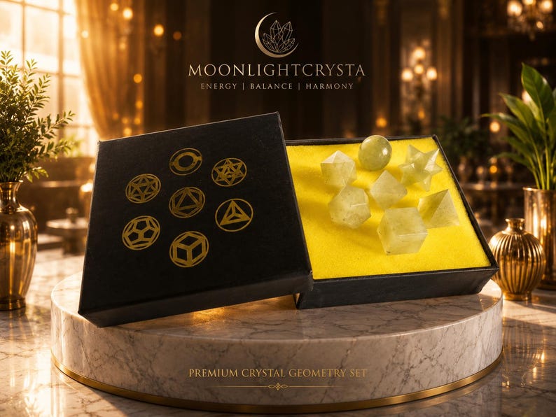 Op de afbeelding: Een zwarte doos met gouden geometrische symbolen en de tekst MOONLIGHTCRYSTA ENERGY | BALANCE | HARMONY met zeven lichtgroene kristalvormen op een felgele schuimrubberen inzetstuk, gelabeld PREMIUM CRYSTAL GEOMETRY SET.