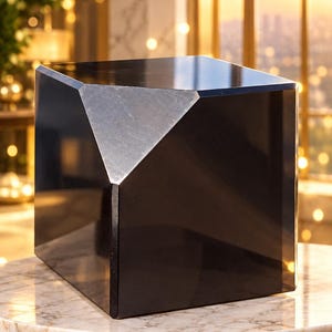 Puede incluir: Un cubo negro sólido con un acabado liso y reflectante, que presenta un único acento metálico triangular de color plateado en la esquina superior. El objeto tiene bordes afilados y un diseño geométrico de alto contraste visual.