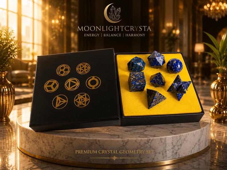 Op de afbeelding: Een zwarte doos met zeven geometrische kristalvormen van blauwe lapis lazuli op een felgele inzet. Het deksel bevat gouden geometrische lijntekeningen, de tekst MOONLIGHTCRYSTA en de woorden ENERGY | BALANCE | HARMONY.