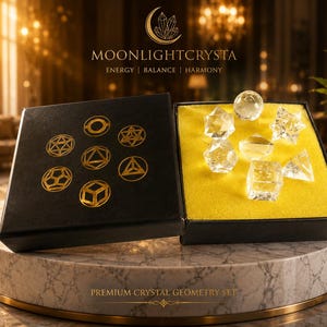 Op de afbeelding: Een zwarte doos met gouden geometrische symbolen en de tekst MOONLIGHTCRYSTA ENERGY | BALANCE | HARMONY. De open doos bevat zeven heldere kristalvormen op een felgele schuimrubberen inzetstuk, gelabeld als PREMIUM CRYSTAL GEOMETRY SET.