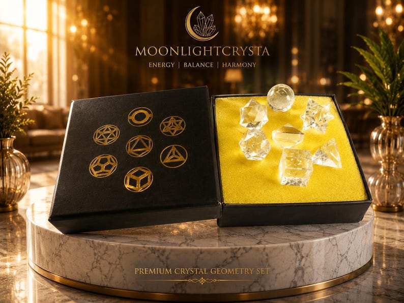 Op de afbeelding: Een zwarte doos met gouden geometrische symbolen en de tekst MOONLIGHTCRYSTA ENERGY | BALANCE | HARMONY. De open doos bevat zeven heldere kristalvormen op een felgele schuimrubberen inzetstuk, gelabeld als PREMIUM CRYSTAL GEOMETRY SET.