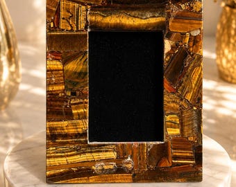 Cadre photo œil de tigre 25 x 20 cm | Cadre photo en pierre œil de tigre naturelle | Cadre en pierre précieuse fait main | Décoration intérieure de luxe | Cadeau en cristal