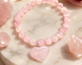 Natural Rose Quartz Heart Bracelet, Pink Crystal Beaded Jewelry