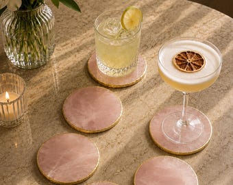 Natural Rose Quartz Coasters, Gold Edge, Luxury Home Decor (Set)