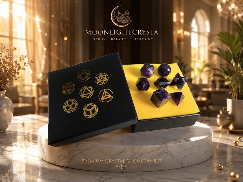 Kristallenset met zeven chakra's en heilige geometrie, rasterbord met Metatronkubus, altaardecoratie met platonische lichamen Amethyst