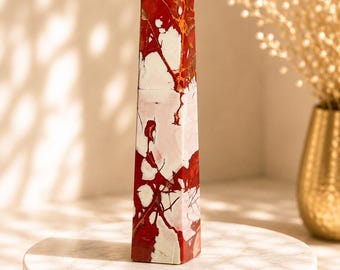 Natural Chocolate Jasper Crystal Tower, Polished Red White Gemstone Obelisk Home Decor