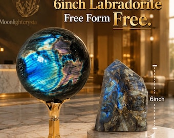 Large Natural Labradorite Sphere with Golden Metal Stand | 17.5kg Blue Flash Crystal Ball.