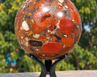 100mm Pudding Jasper Sphere, Polished Conglomerate Gemstone Orb, Natural Stone Decor Gift
