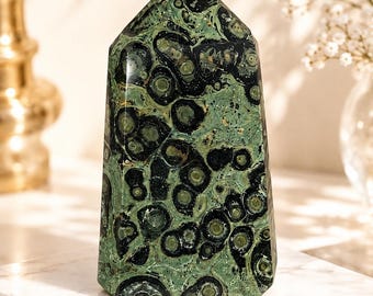 Natural Kambaba Jasper Tower, 5 Inch Polished Crystal Obelisk, Green Orbicular Gemstone Home Decor
