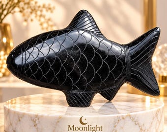 Hand Carved Black Obsidian Fish Sculpture, Polished Gemstone Home Decor (5 Inch)