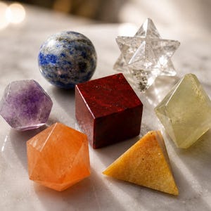 Op de afbeelding: Een verzameling van zeven geometrische kristallen en stenen, waaronder een blauwe lapis lazuli bol, een heldere kwartsster, een paarse amethist icosa&euml;der, een rode jaspis kubus, een oranje calciet icosa&euml;der, een gele piramide en een lichtgroene octa&euml;der.