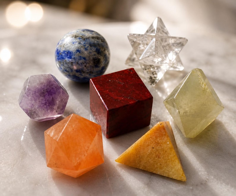 Op de afbeelding: Een verzameling van zeven geometrische kristallen en stenen, waaronder een blauwe lapis lazuli bol, een heldere kwartsster, een paarse amethist icosa&euml;der, een rode jaspis kubus, een oranje calciet icosa&euml;der, een gele piramide en een lichtgroene octa&euml;der.