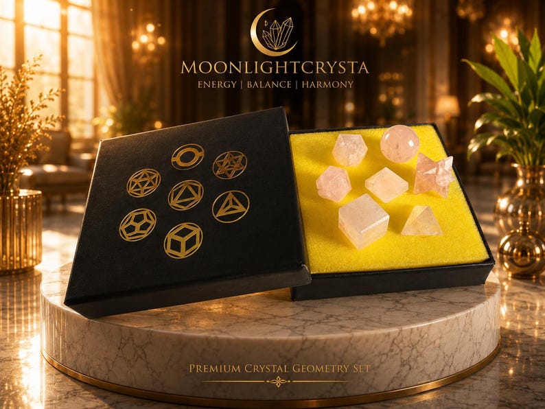 Op de afbeelding: Een zwarte doos met het label MOONLIGHTCRYSTA ENERGY | BALANCE | HARMONY met zeven lichtroze rozenkwartskristallen in diverse geometrische vormen, waaronder een bol, kubus en piramide, rustend op een felgele schuimrubberen inleg.