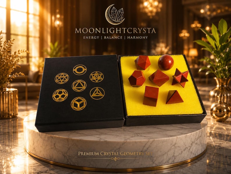 Op de afbeelding: Een zwarte doos met zeven rode geometrische kristalvormen en een rode bol op geel schuim. Het deksel bevat gouden lijntekeningen van zeven geometrische symbolen en de tekst MOONLIGHTCRYSTA ENERGY | BALANCE | HARMONY.