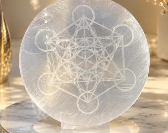 15 cm grote seleniet schijf voor heilige geometrie | Kristallen plaat met Metatronkubus | Ronde oplaadplaat van natuurlijke seleniet | Kristallen woondecoratie.