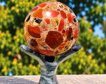 Polished Brecciated Jasper Sphere, 75mm Red Orange Gemstone Orb (7.5cm)