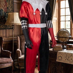 May include: A jester costume featuring a two-toned red and black jumpsuit with a white ruffled collar, a matching two-pointed jester hat with white pom-poms, black and white diamond-patterned sleeves and socks, and a white waist sash.