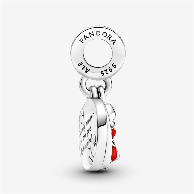 May include: A silver dangle charm featuring a circular bail engraved with PANDORA, ALE, and S925. The charm has a round pendant with the engraved text Family means no one gets left behind and a small red enamel accent visible on the side profile.
