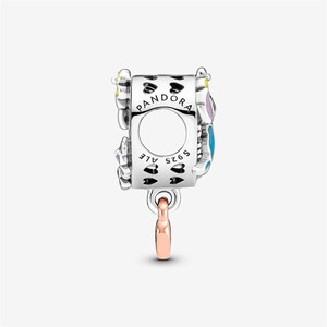 May include: A sterling silver charm bead featuring the engraved text PANDORA and ALE S925. The cylindrical charm is decorated with a pattern of small black hearts and includes a dangling rose-gold colored metal element at the bottom.