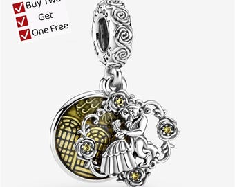 Beauty and the Beast Dancing Dangle Charm,S925 sterling silver Cartoon animal pendant, suitable for Pandora European bracelet pendants.
