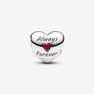 May include: A heart-shaped silver charm bead featuring the engraved text Always Forever in black script. A small, vibrant red heart icon is positioned between the two words. The side of the charm is marked with the letters ALE.