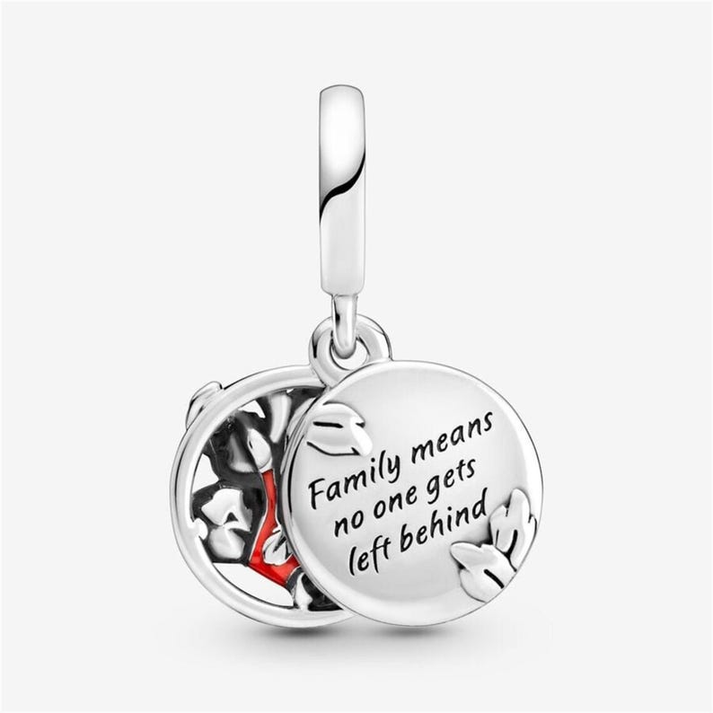 May include: A silver charm featuring a circular pendant with the engraved text "Family means no one gets left behind." The charm includes a secondary circular layer with a cutout design and a small red accent, suspended from a silver bail.