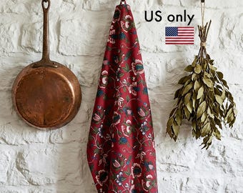 Burgundy Chintz Folk Art Print, Linen Tea Towels, Organic Cotton Tea Towel, Set of Two, Traditional Grandmillennial, NWC D04, US+CA