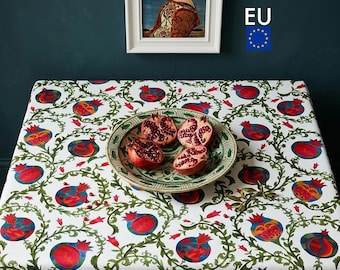 POMEGRANATE Tablecloth, Cotton Chintz, Rectangle Floral Table Cover, Elegant Dining Room Decor, Mediterranean Kitchen Linens, NWC D06 EU