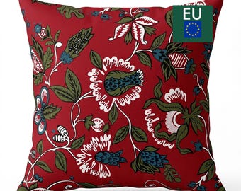 Burgundy Floral Cushion Cover, Chintz Cotton Pillow Cover, Traditional Folk Art Grandmillennial Decor, Square & Lumbar Sizes, NWC D04, EU