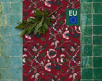 Burgundy Chintz Table Runner, Napkins, Placemats, Red Floral Cotton Twill Dining Set, Traditional Folk Art Grandmillennial, NWC D04, EU