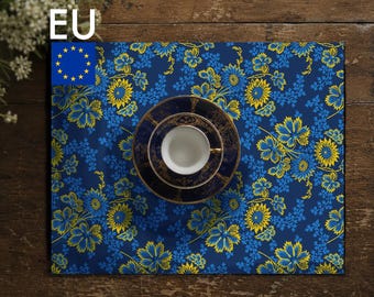Sunflower Chintz Placemats, Cloth Napkins, Table Runner, Navy Floral Cotton Twill Dining Set, Vintage Farmhouse Grandmillennial, NWC D03, EU